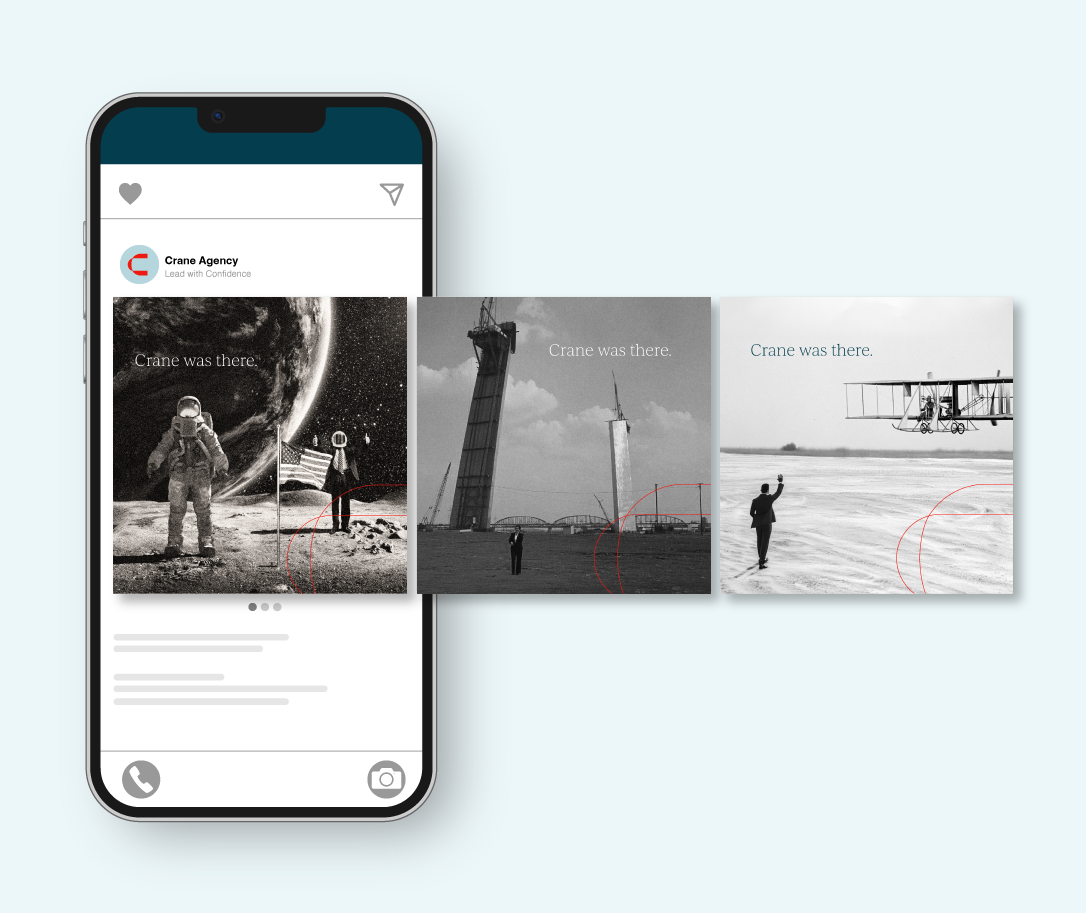 A Crane Was There digital ad shows a Crane agent at the construction site of the Gateway Arch in St. Louis, a Crane agent on the first moon landing, and a Crane agent when the the Wright brothers took flight