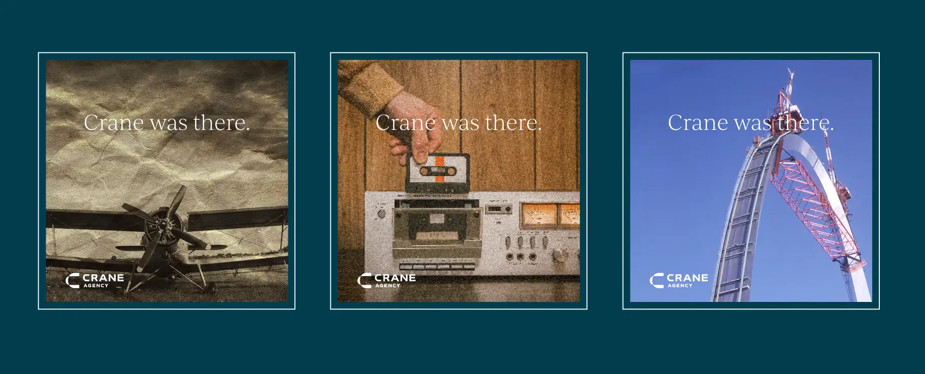 Campaign creative concepts based off of historical events featuring Crane Agency agents