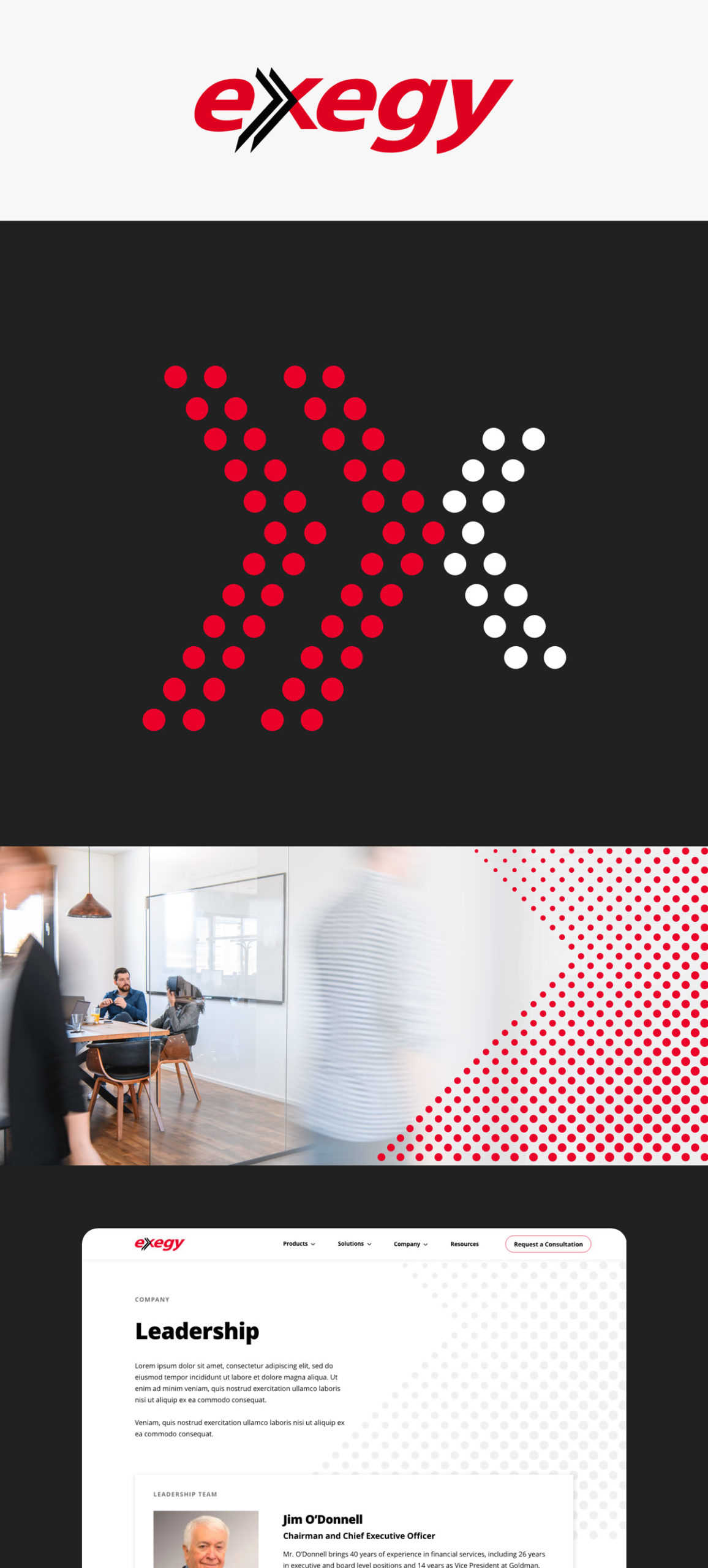 Design elements, including a dot pattern and X inspired by Exegy's logo and products