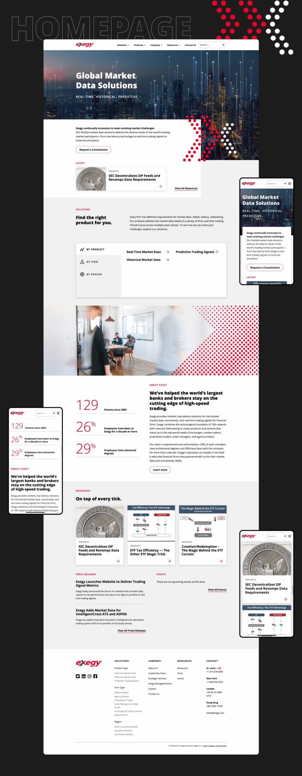 The homepage of Exegy's fintech web design