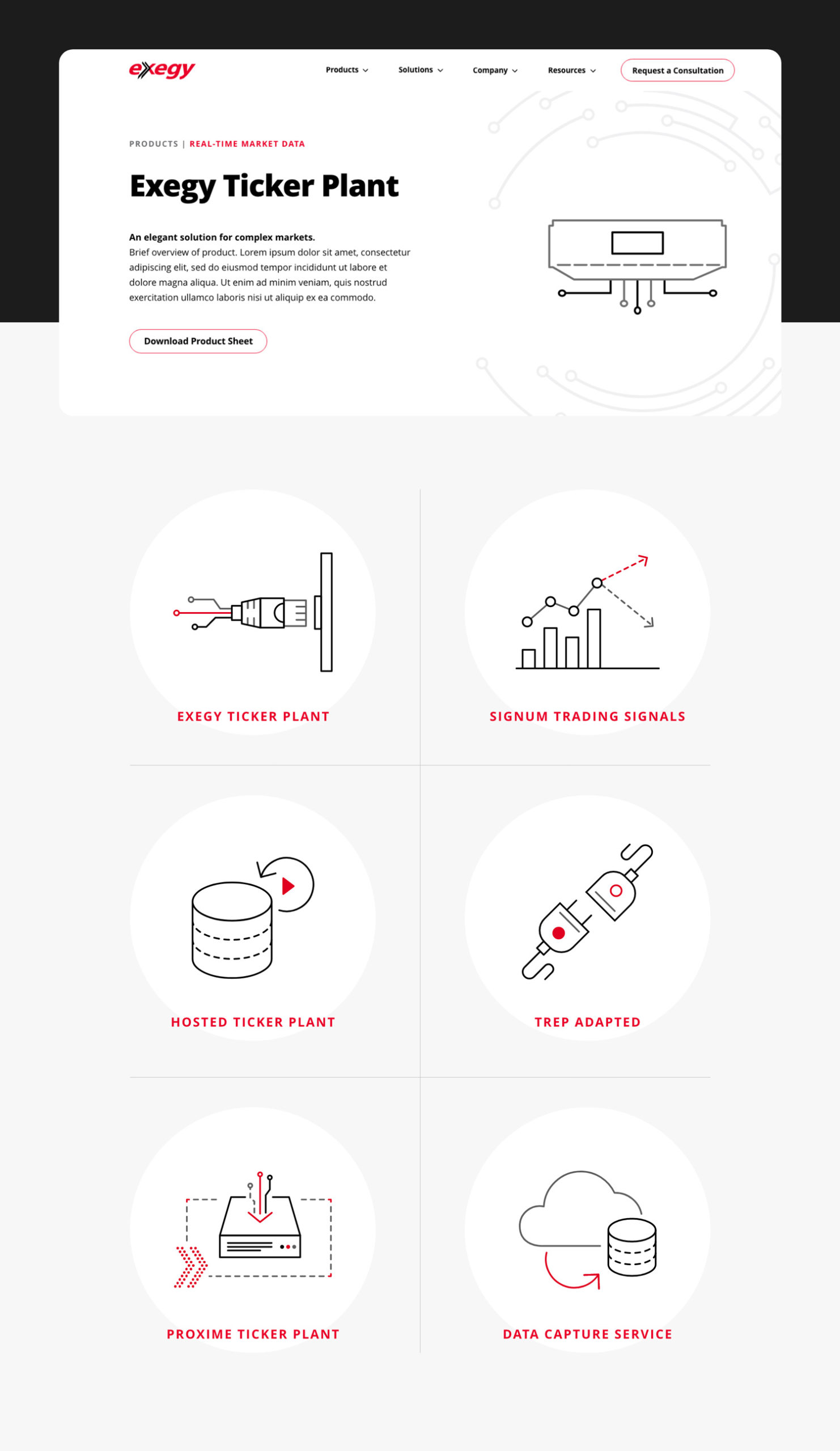 Product illustrations of Exegy's fintech products