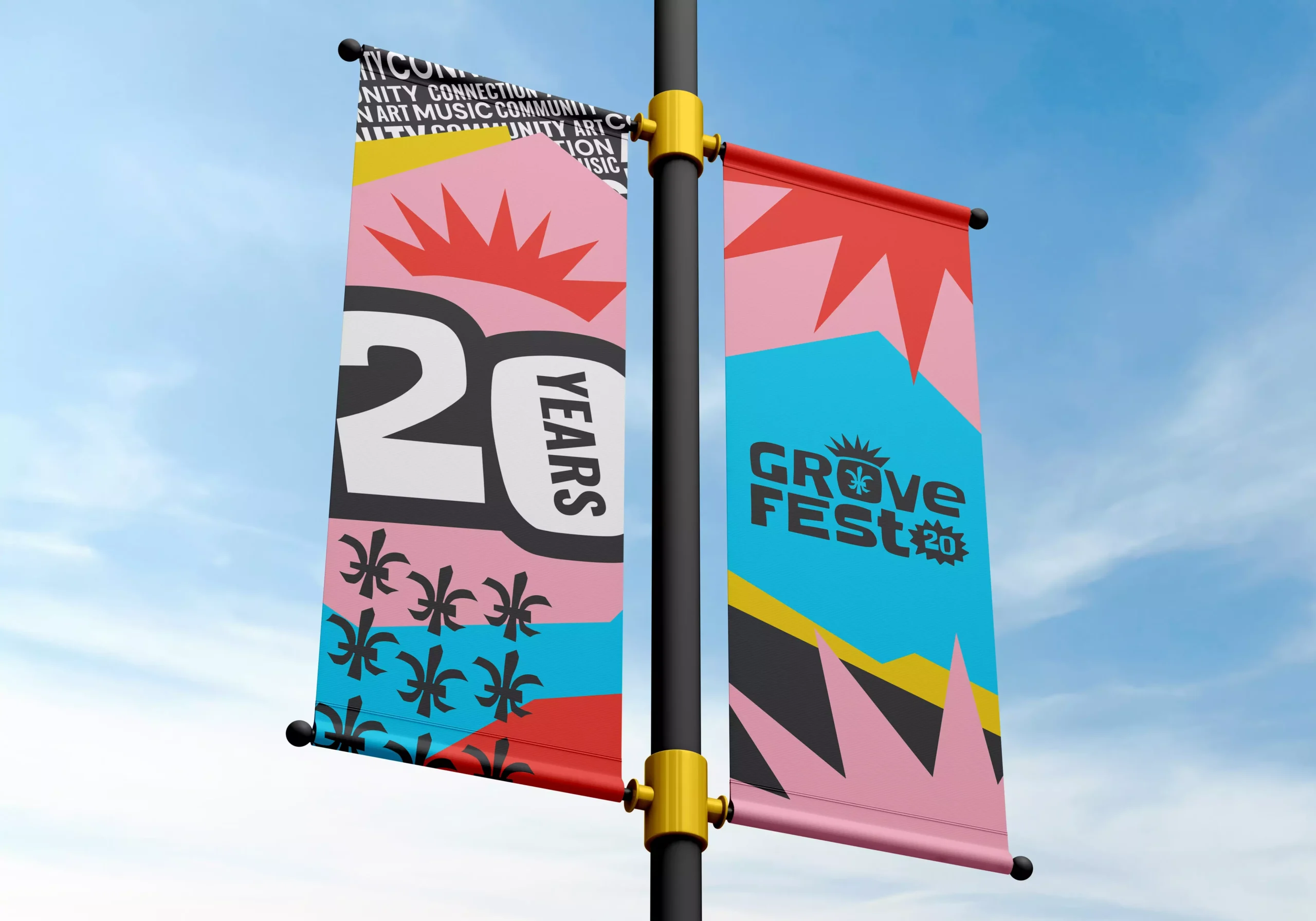 A street banner featuring the 20th anniversary Grove Fest brand identity