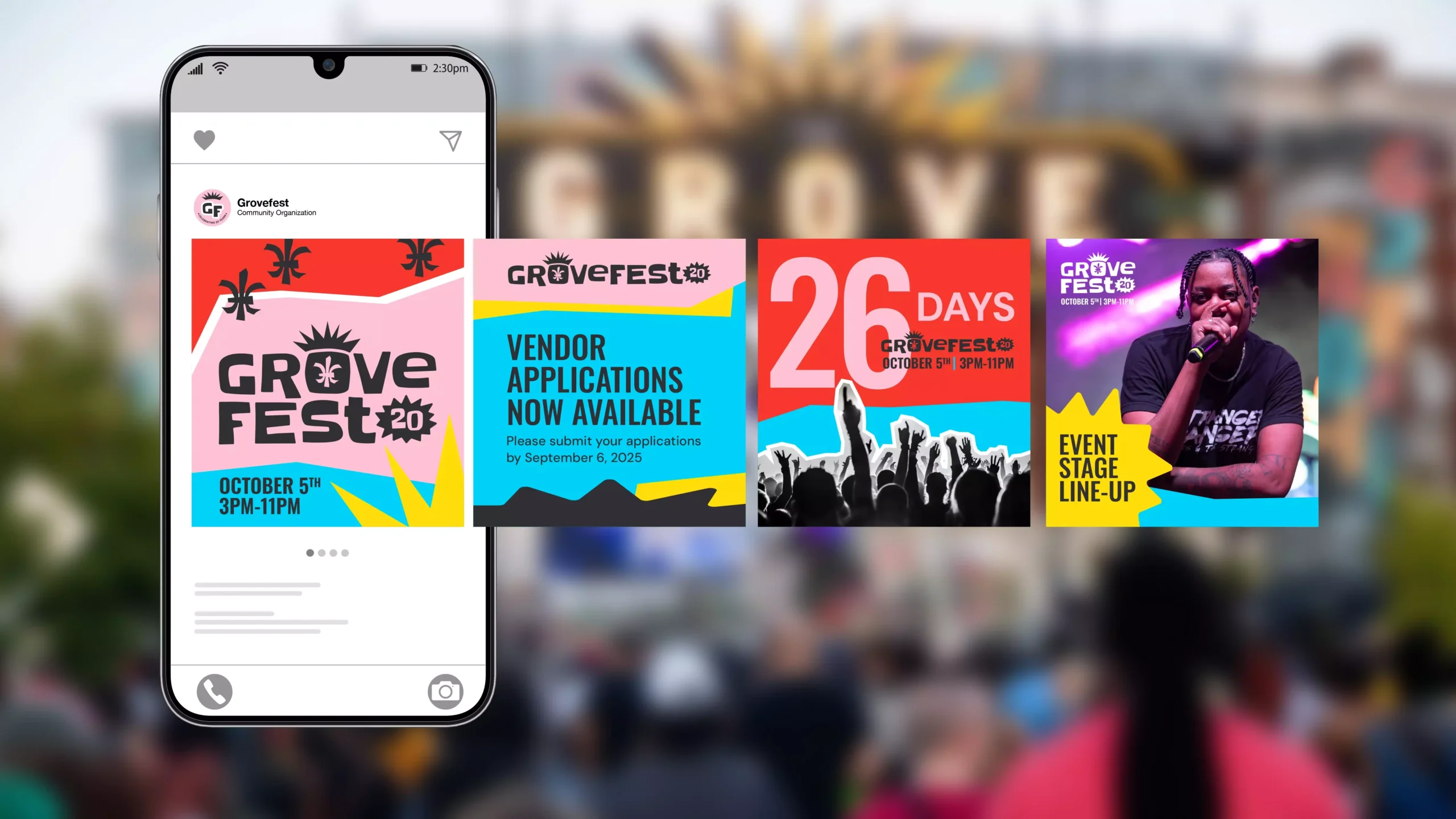 The brand identity applied to social media post graphics