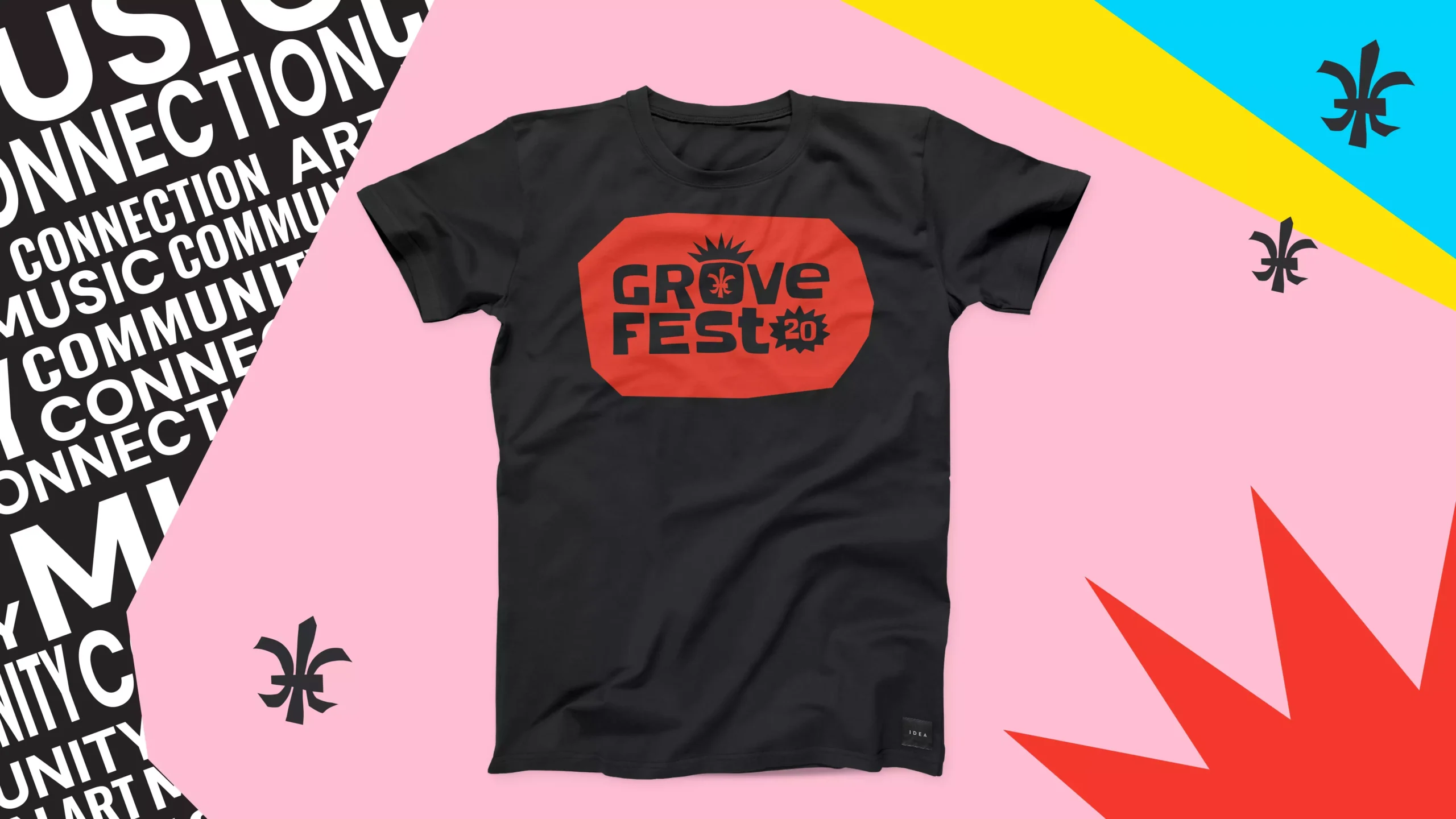 Grove Fest 20th anniversary brand identity on an event merch t-shirt