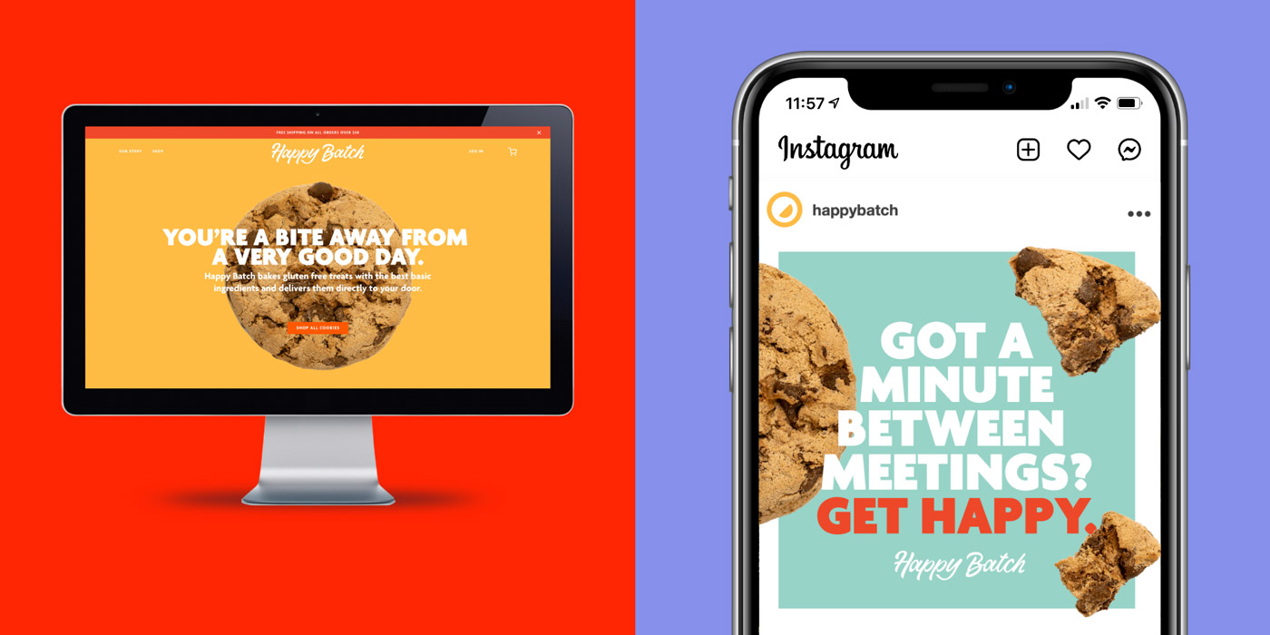 Example of the Happy Batch brand online and on social media