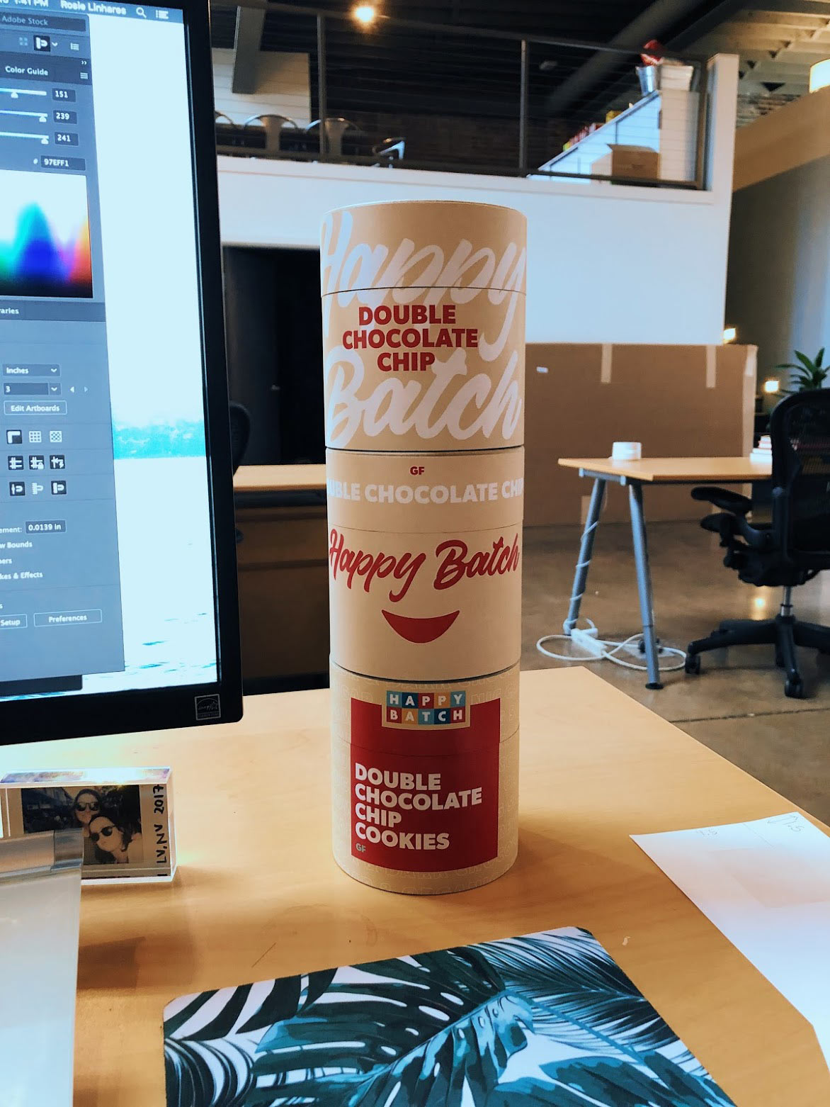 A prototype of early cookie packaging design concepts in the Atomicdust office
