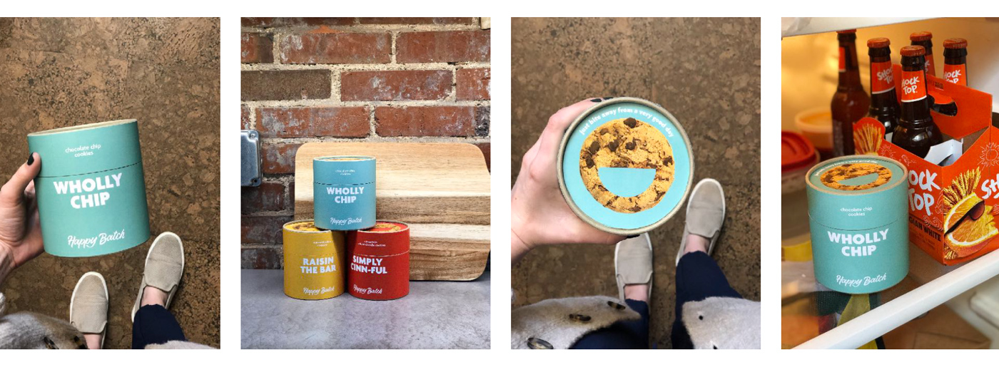 Photos of the initial Happy Batch cookie packaging design on social media