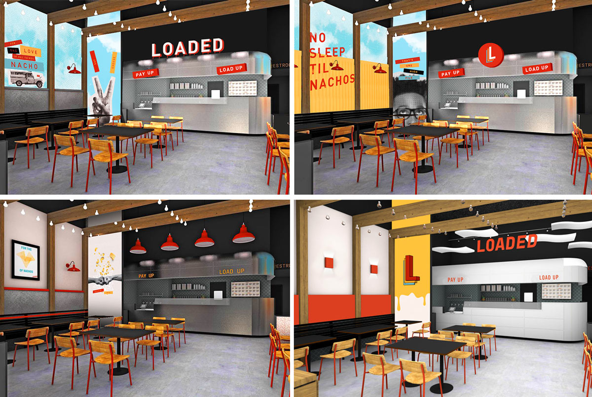 Mockups of environmental branding for Loaded Nachos