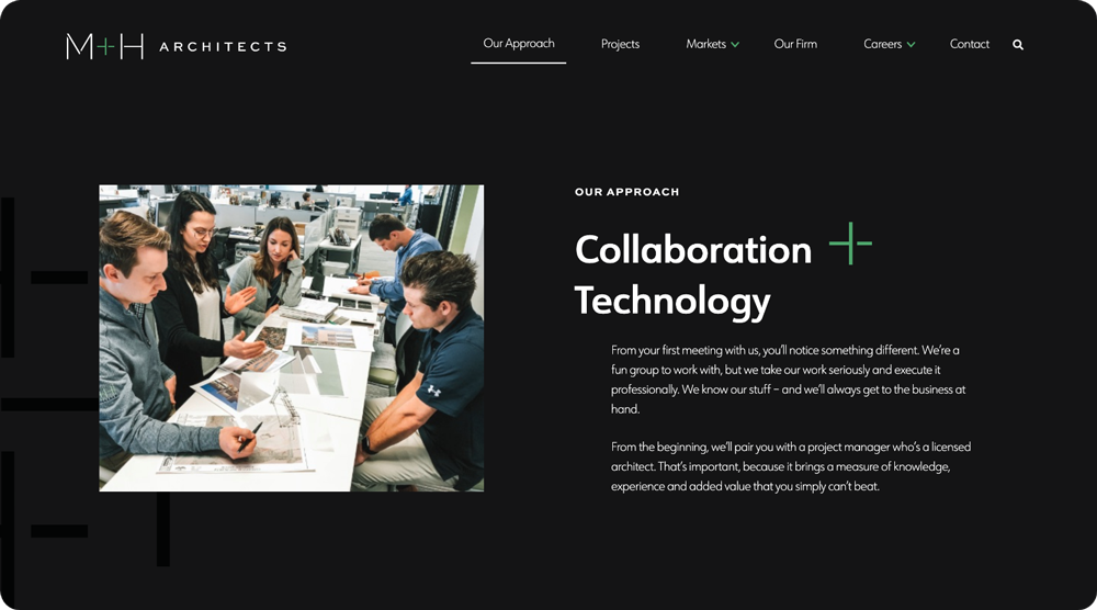 The Our Approach page of M+H Architects' new website design