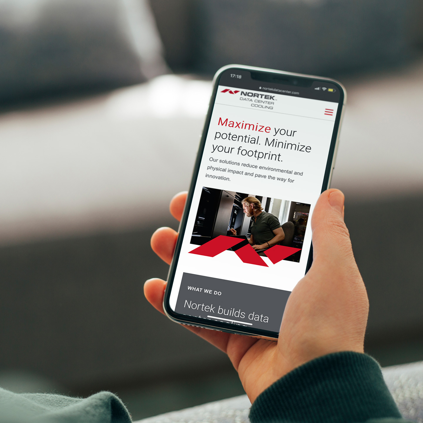 The Nortek Data Center Cooling website is mobile responsive and shown on an iPhone