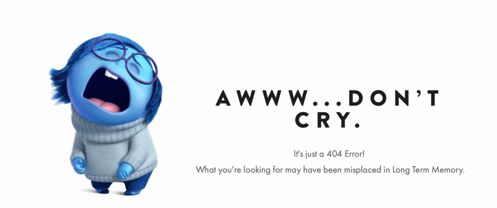 Pixar 404 message with Sadness from the movie Inside Out