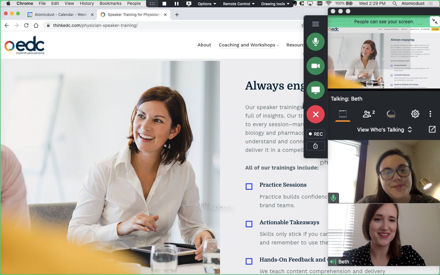 Atomicdust team members discuss the EDC website on a video call