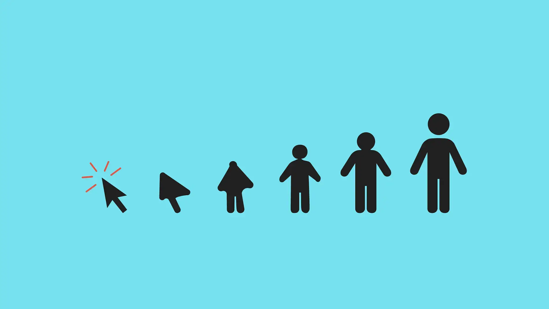 A cursor icon evolves into a person icon, representing a click turning into a client