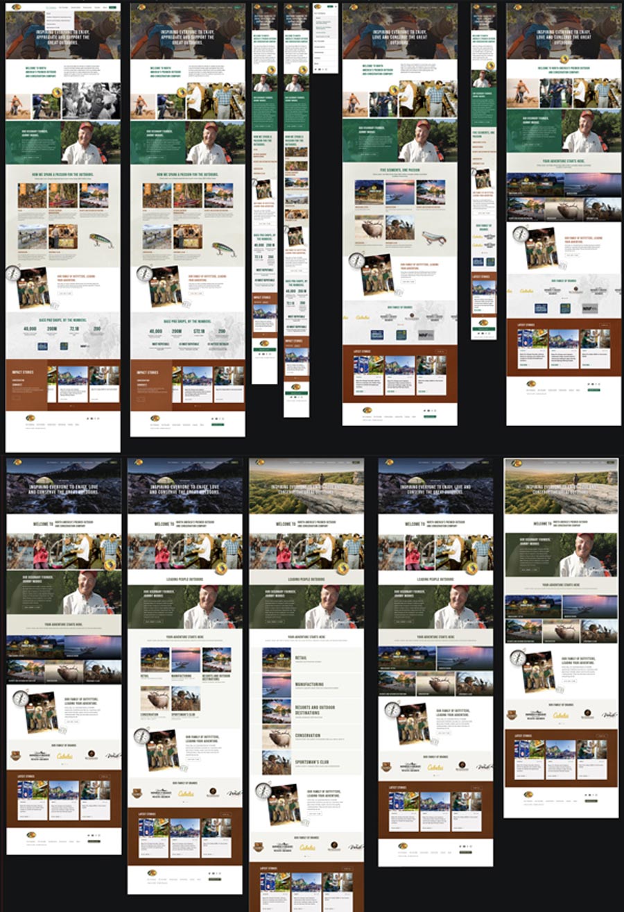Iterations of the Bass Pro Shops website design brand section homepage