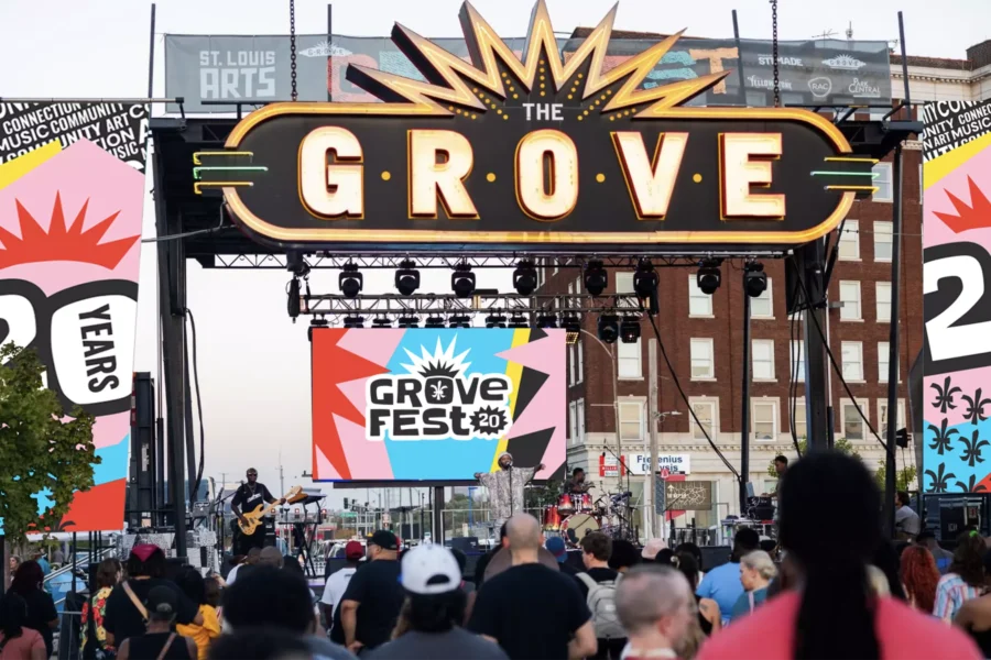 The Grove Fest 20th anniversary brand identity on stage signage for the festival's live music