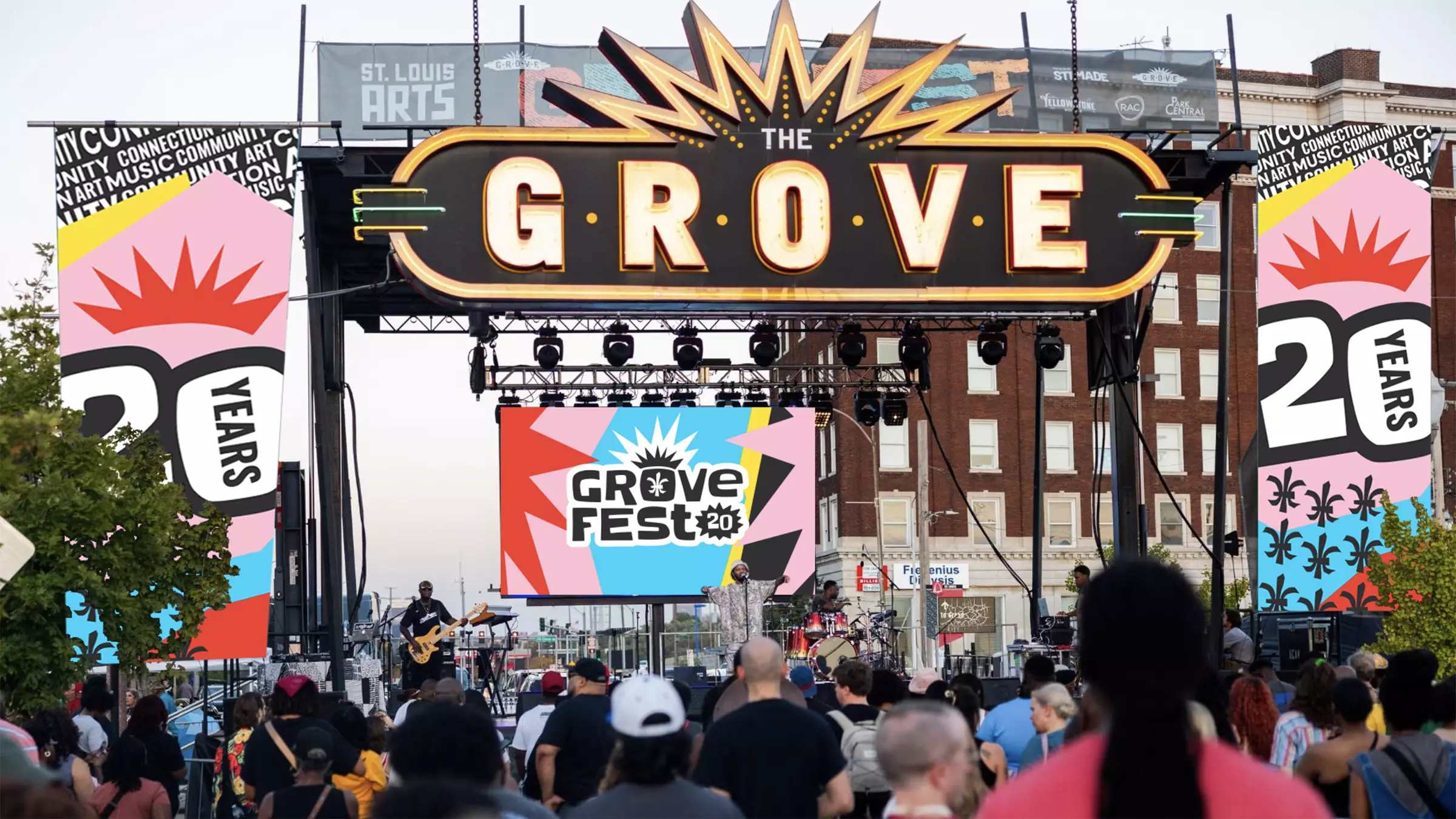 The Grove Fest 20th anniversary brand identity on stage signage for the festival's live music