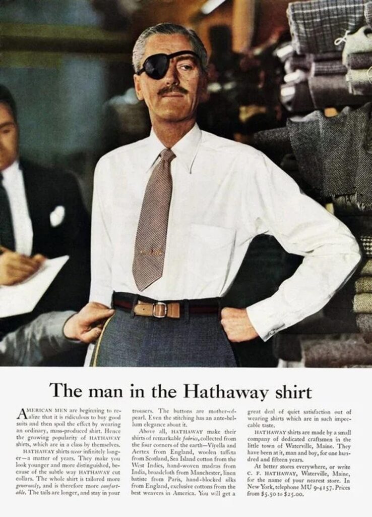 A 1950s ad for Hathaway Shirts shows a man wearing an eye patch above paragraphs of copy