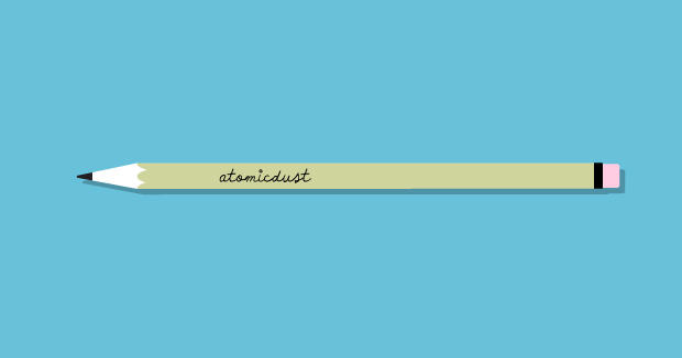 An illustrator of a pencil that reads Atomicdust