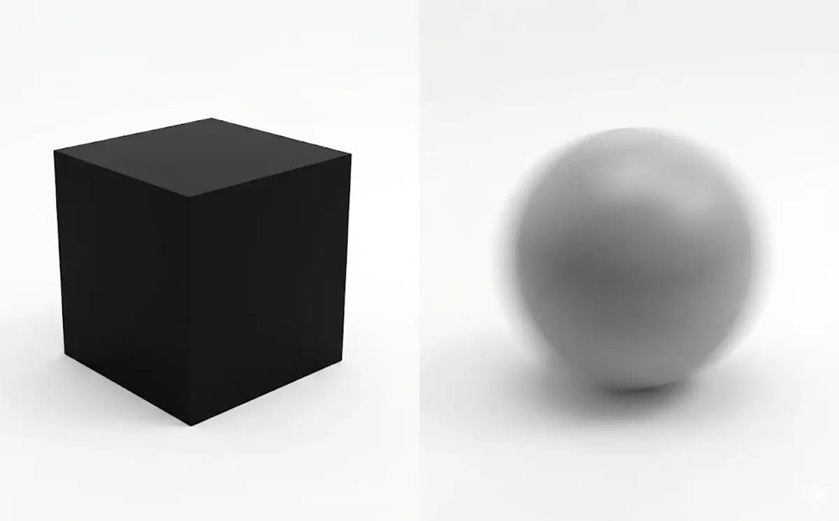 A black-and-white visual metaphor for evergreen content and campaigns: a solid, matte black cube in clear focus and an out-of-focus, moving grey ball
