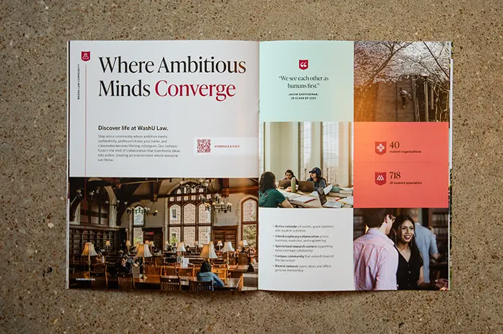 WashU Law marketing booklet highlighting brand messaging ‘Where ambitious minds converge’ with student life photography and modern layout.