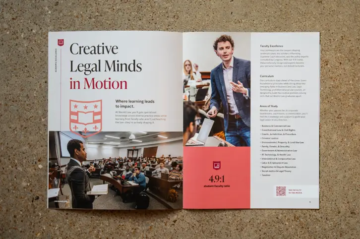 WashU Law printed brochure spread showcasing faculty, classroom photography, curriculum overview, and premium editorial design.
