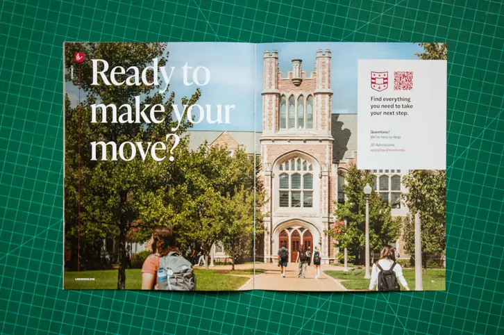 WashU Law recruitment brochure spread with campus photography and bold headline ‘Ready to make your move?’ designed by Atomicdust.
