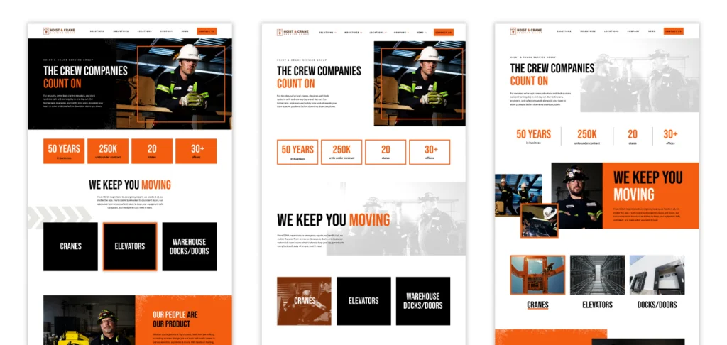 Early page concepts from the Hoist & Crane website design