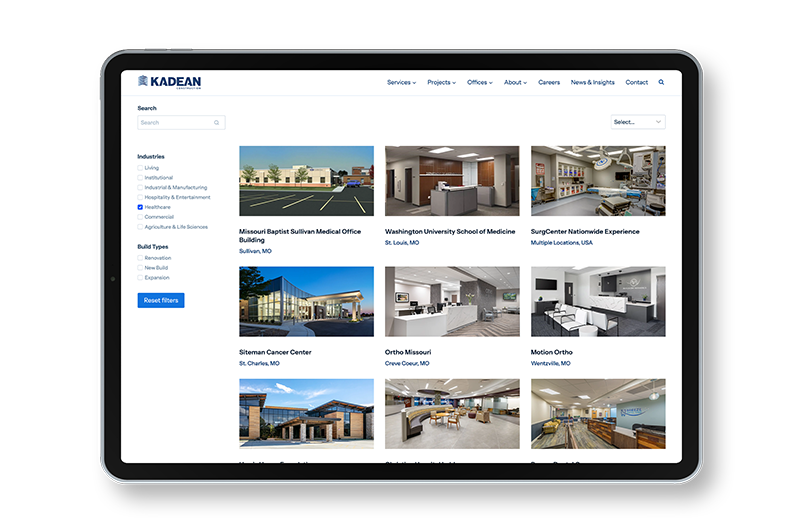 Projects in the Kadean commercial construction website design portfolio