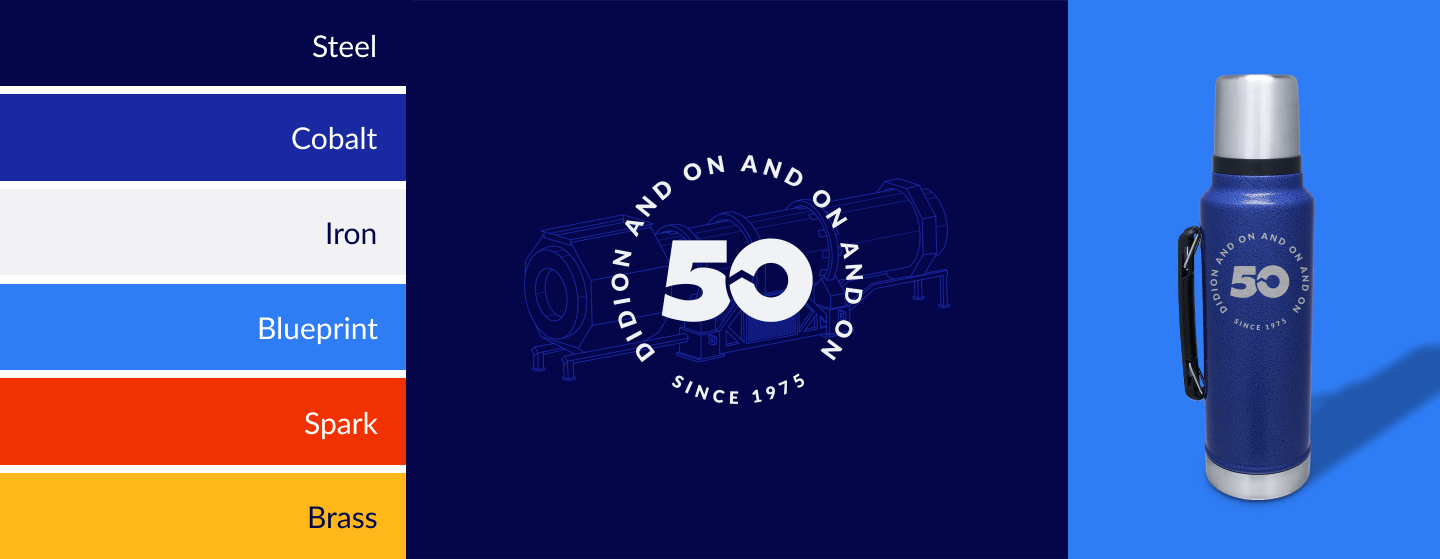 Didion's new brand color palette, 50th anniversary logo and a thermos with the logo
