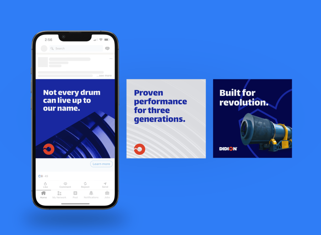 Digital ads featuring Didion's evolved brand—and messaging like "Not every drum can live up to our name"—on an iPhone
