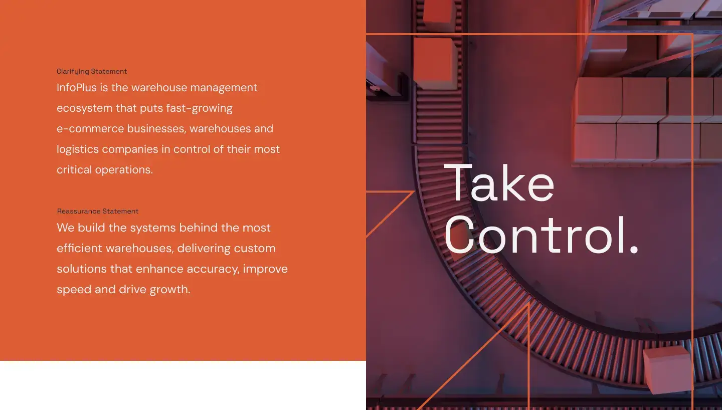 InfoPlus WMS brand language, including "InfoPlus is the warehouse management ecosystem that puts fast-growing e-commerce businesses, warehouses and logistics companies in control of their most critical operations"