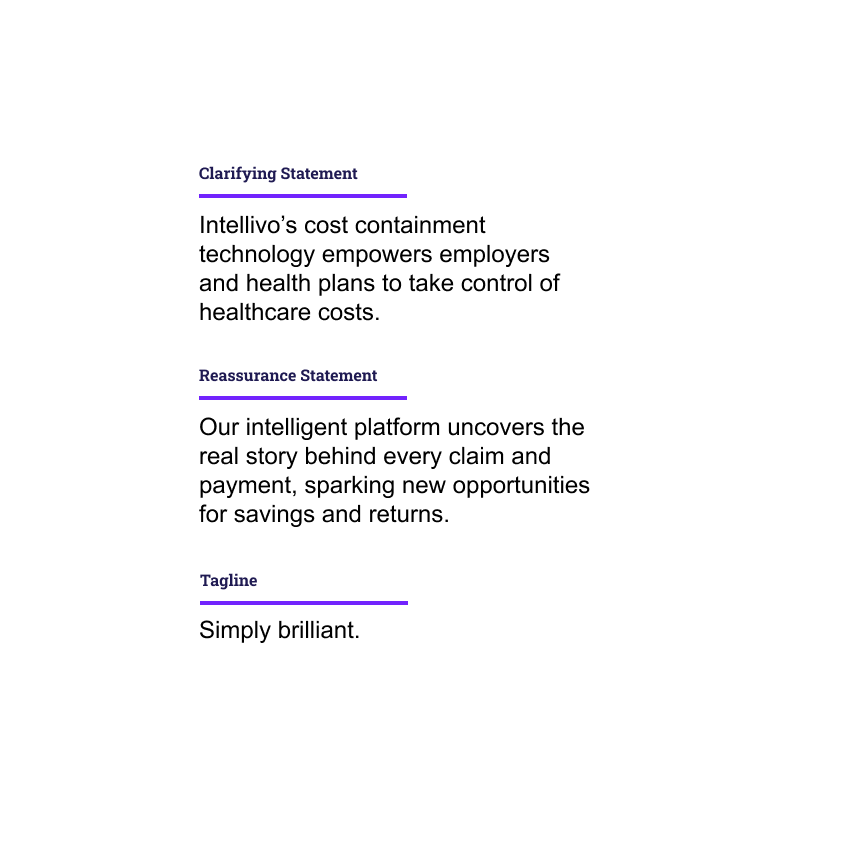 Brand language for Intellivo, a subrogation company, including the elevator pitch and tagline