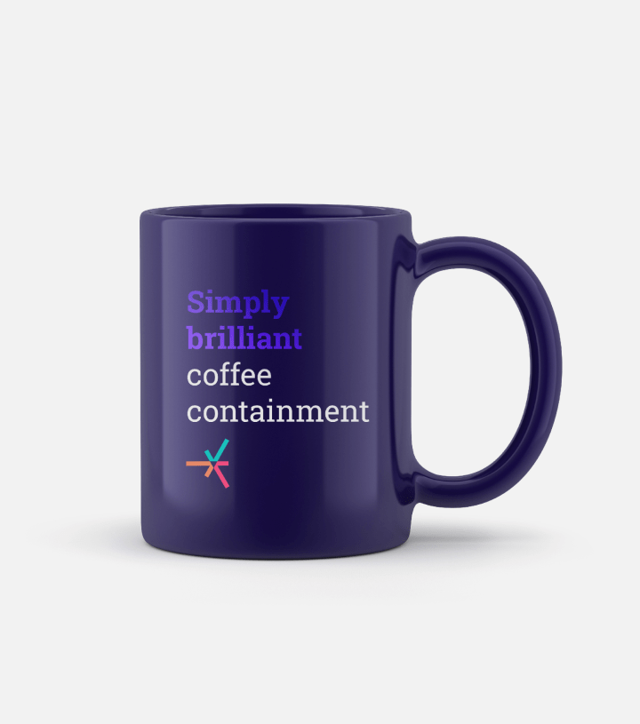 A coffee mug with the new Intellivo brand identity, with the words "Simply brilliant coffee containment" as a play on the topic of cost containment