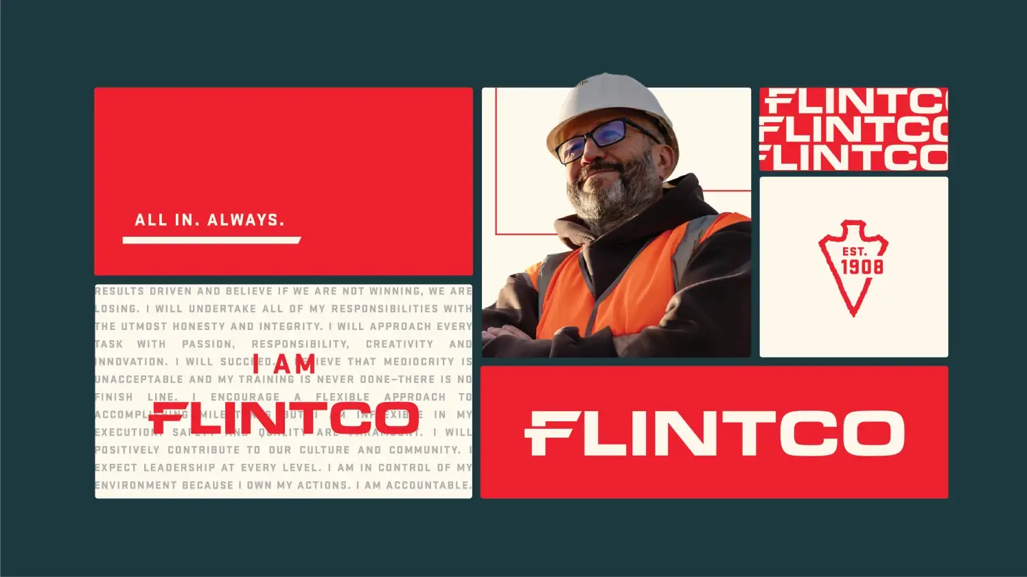 Flintco Construction brand board showing logo, color palette, typography, tagline and supporting graphic elements