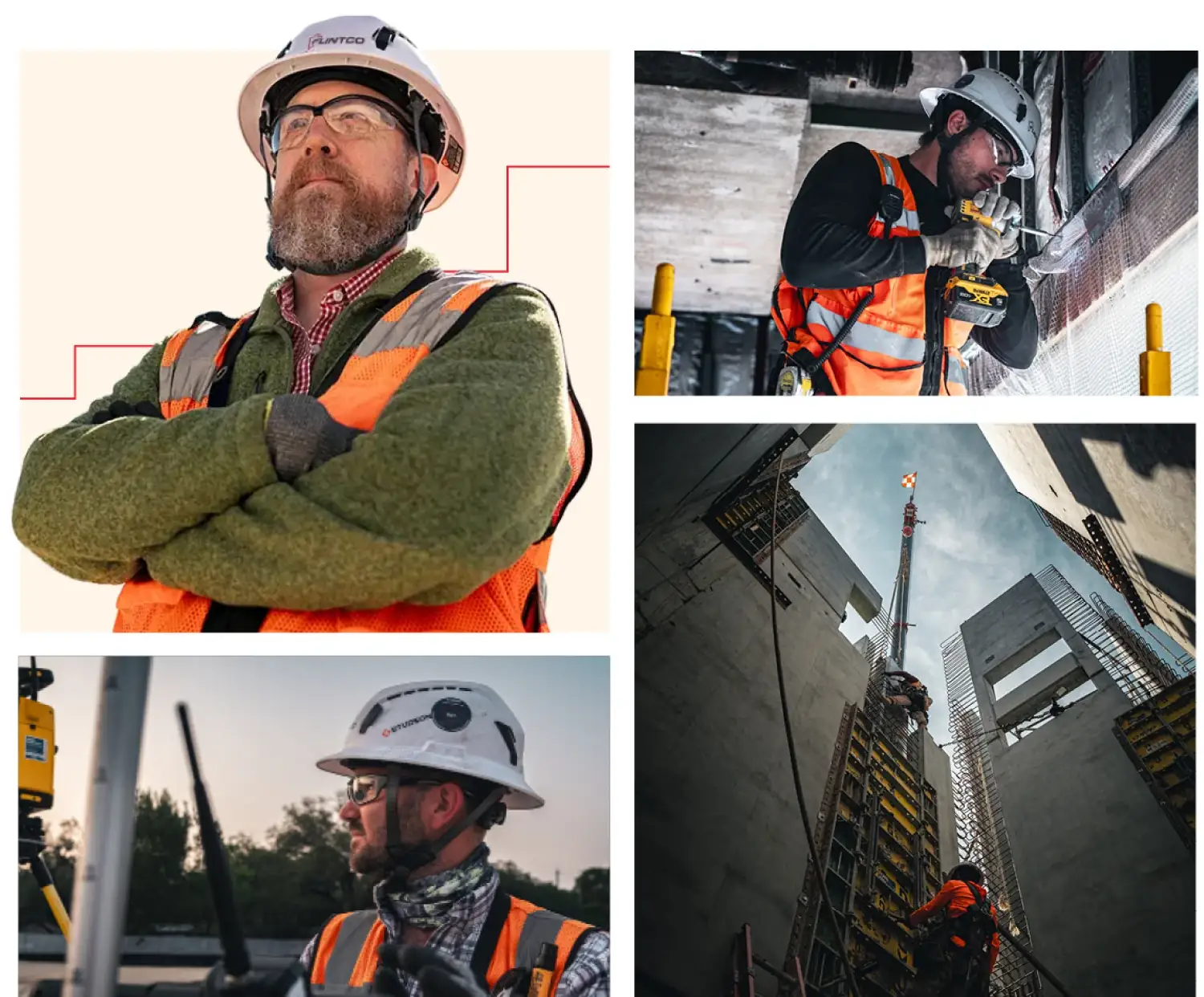 Photography direction for the Flintco Construction brand featuring crews, sites and project details