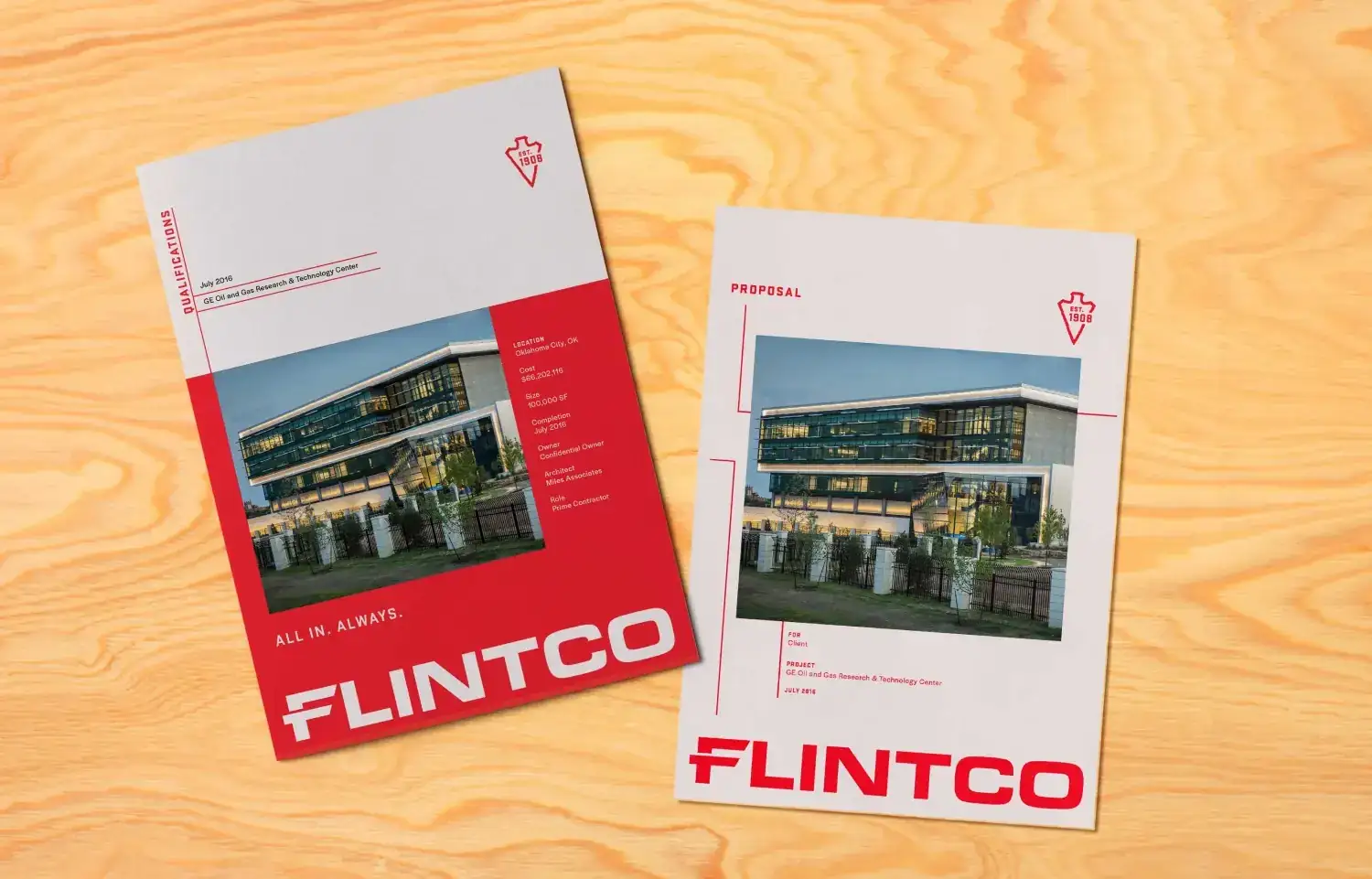 Covers of Flintco Construction proposal templates showing the new brand identity