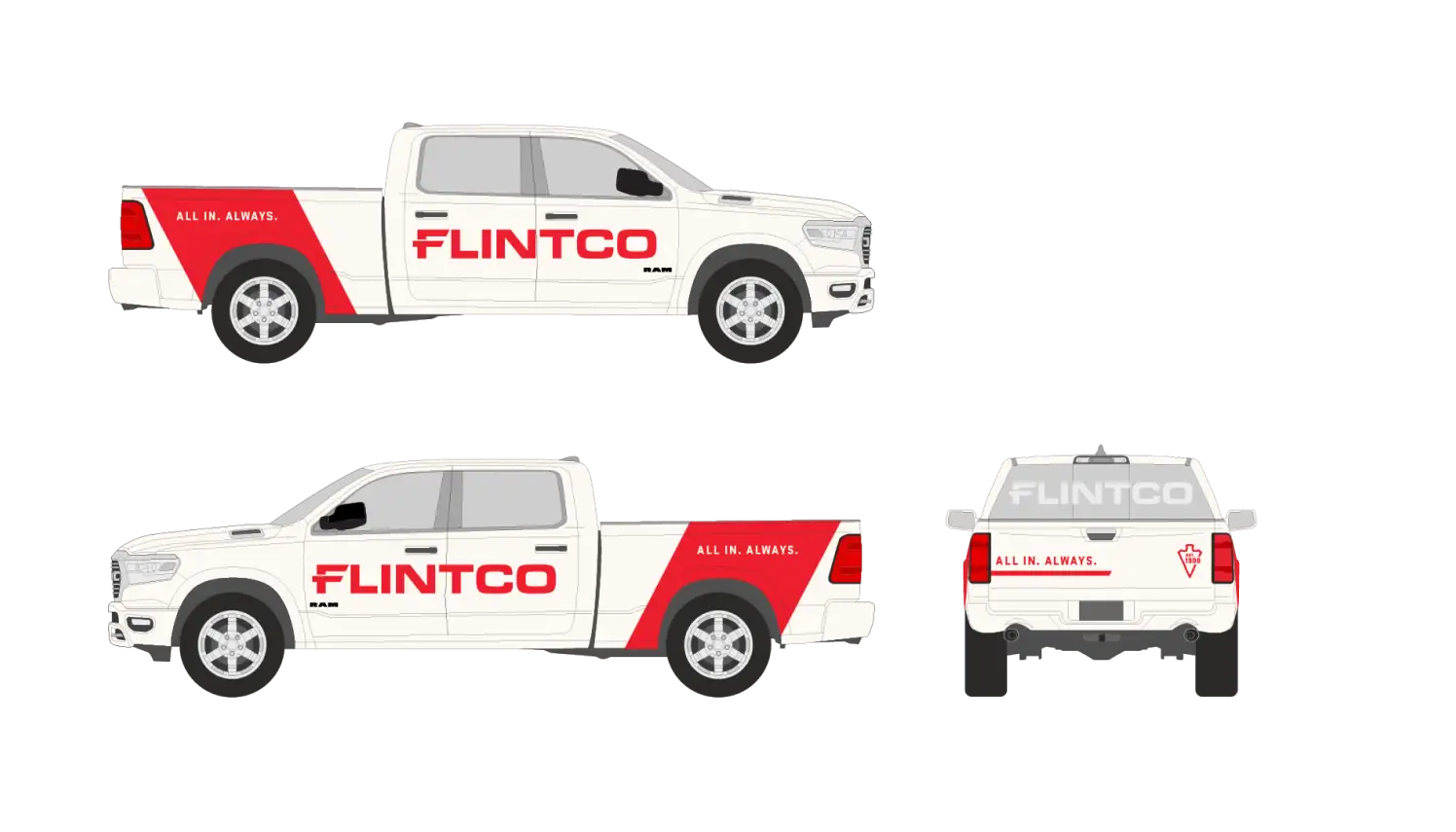 Mockup of the Flintco Construction fleet vehicles with truck wraps featuring the new brand identity