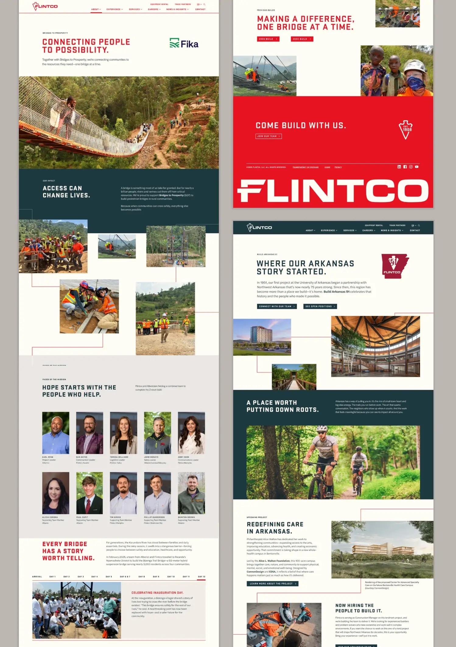 Multiple page layouts from the new Flintco Construction website, including services, projects, and about sections