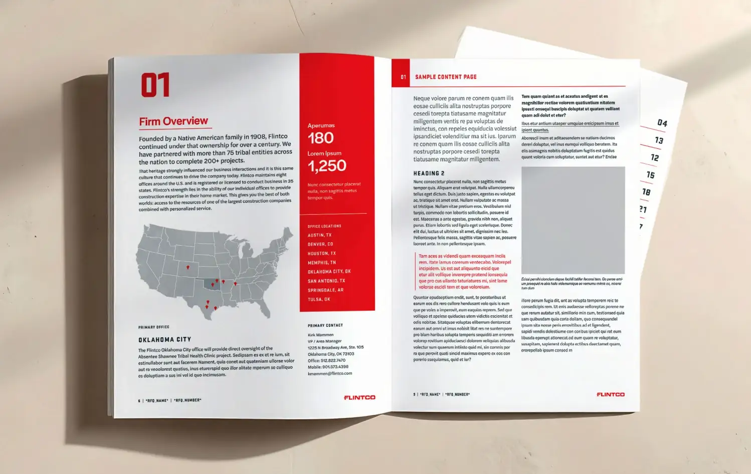 Interior spreads from the Flintco Construction proposal template designed in the new brand system
