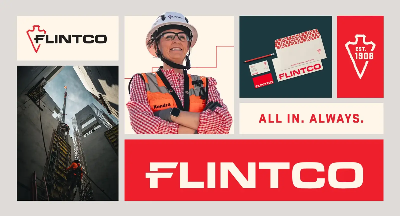Updated Flintco Construction brand board showcasing the refined logo, color palette, typography, and graphic elements