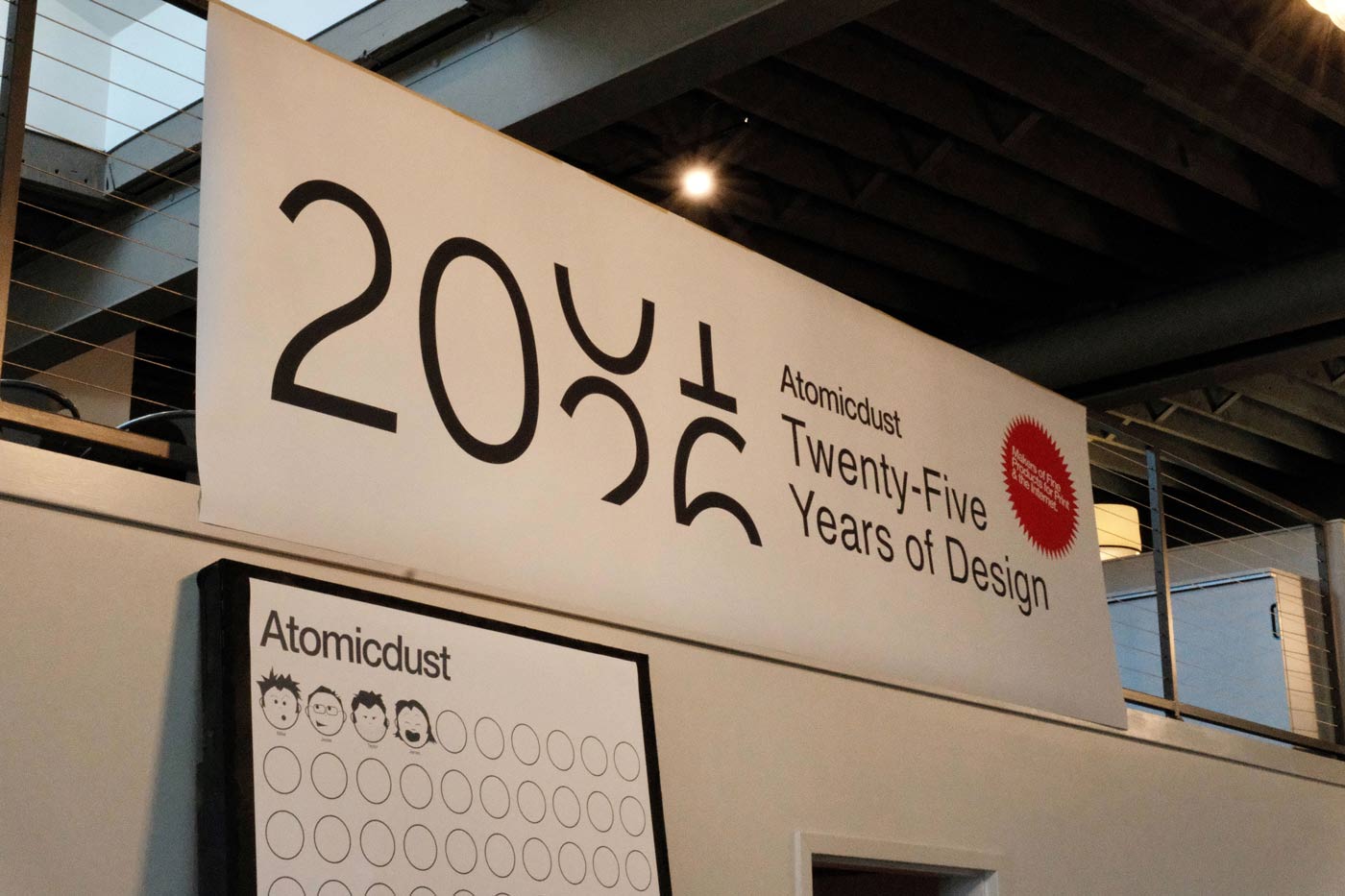 A banner at the Atomicdust 25th anniversary party