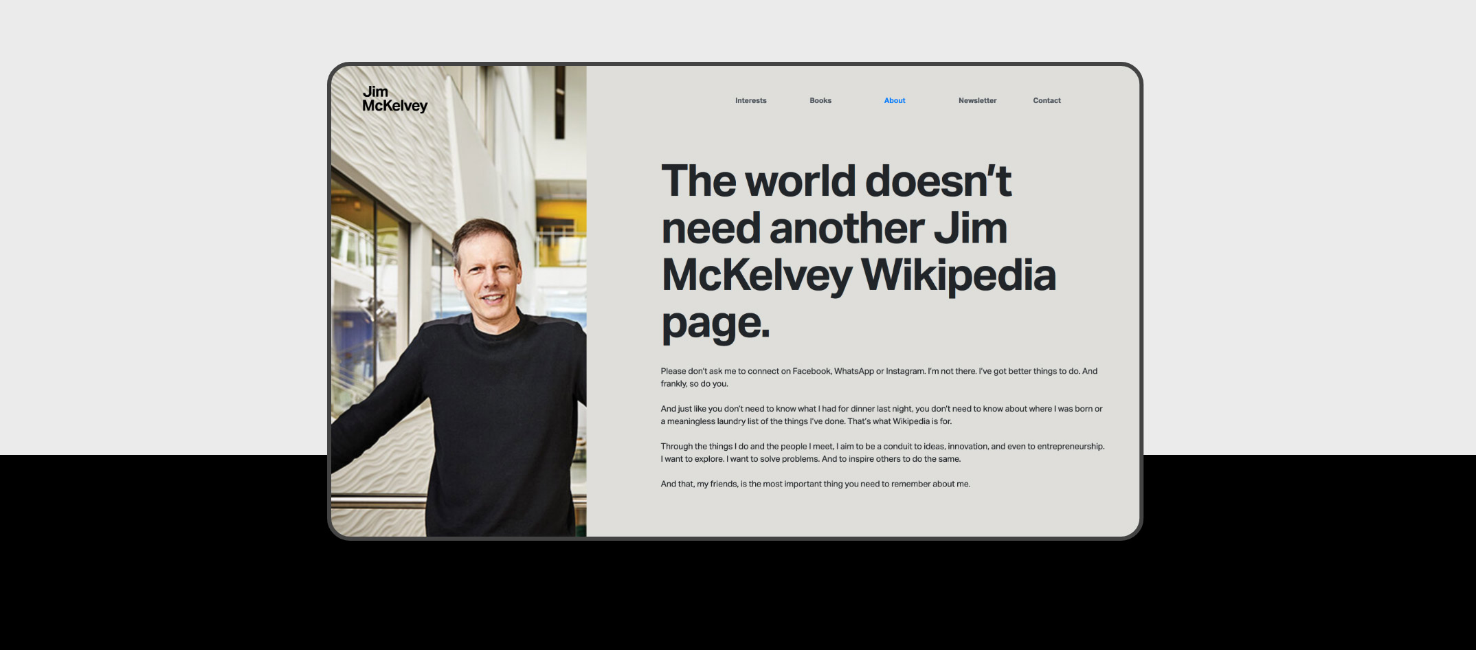 The About section of Jim McKelvey's website design features the headline "The world doesn't need another Jim McKelvey Wikipedia page."