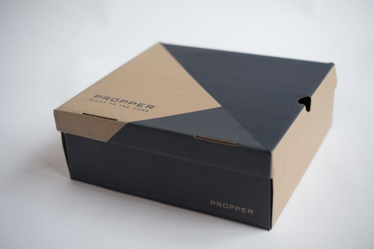 The Propper brand identity on a shoe box