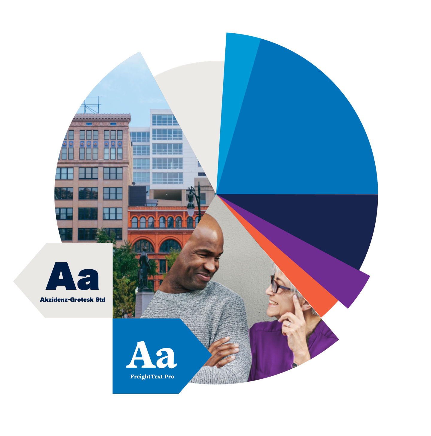 Graphic showing ClaimChoice's brand colors, typefaces and examples of brand photography