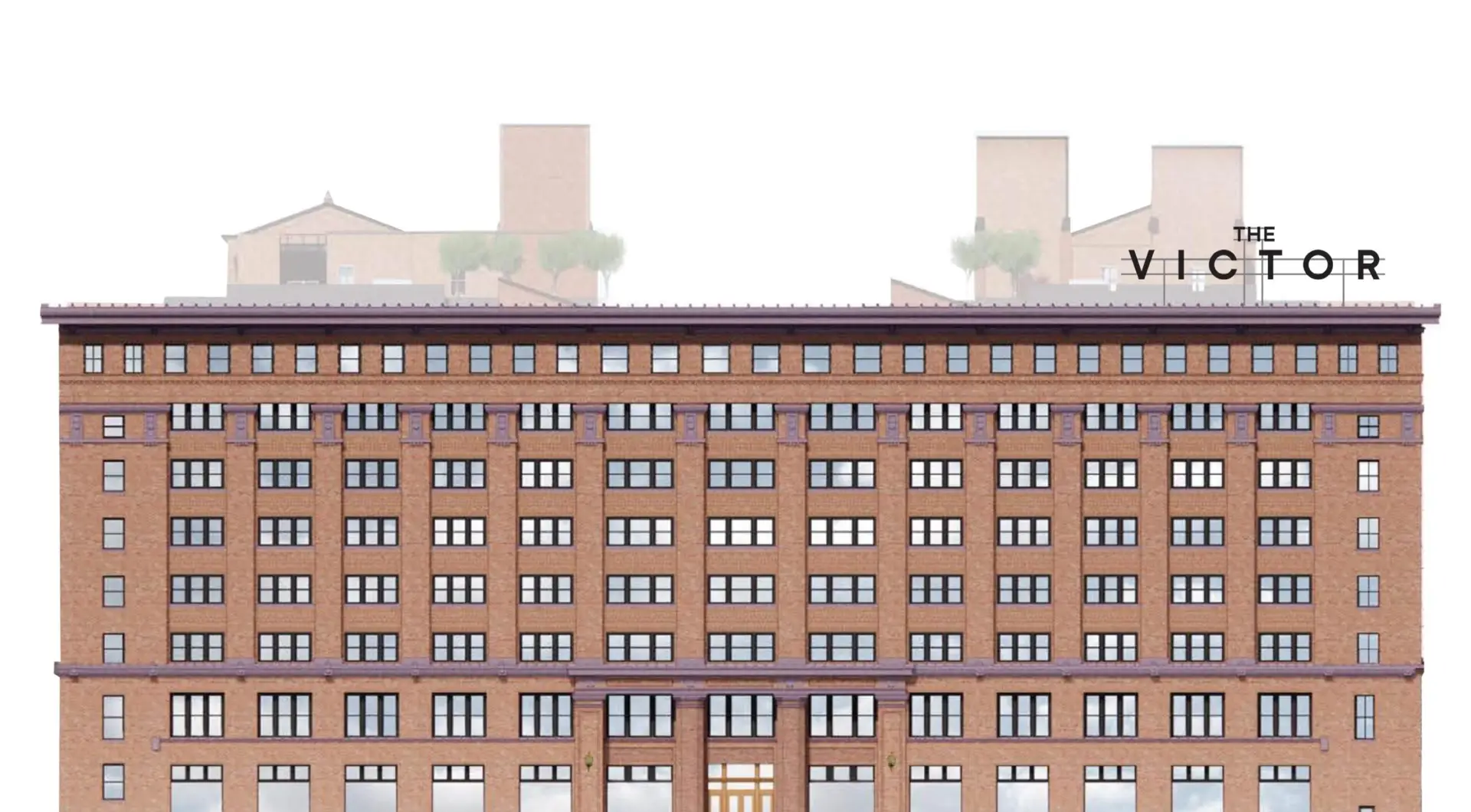 Mock-up of the exterior of The Victor, with signage of the building's name on the roof