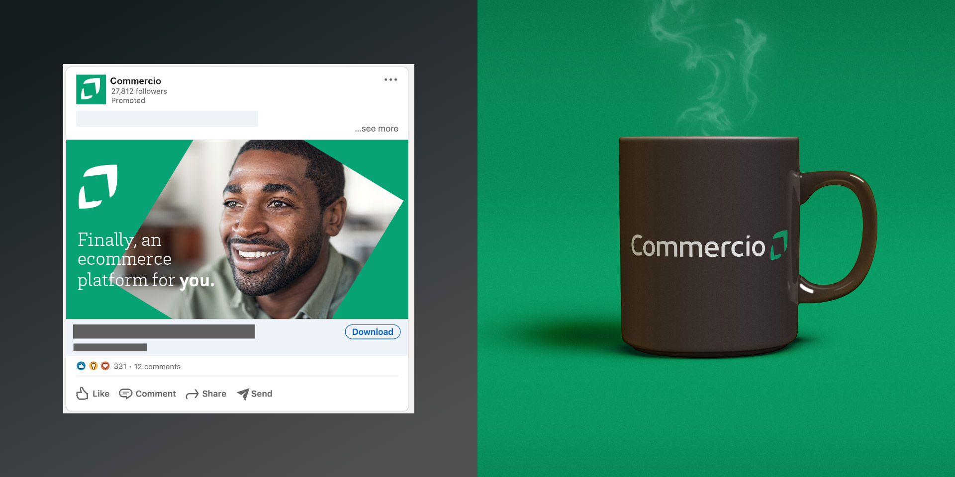 Commercio branding in creative expressions as social media posts and a mug