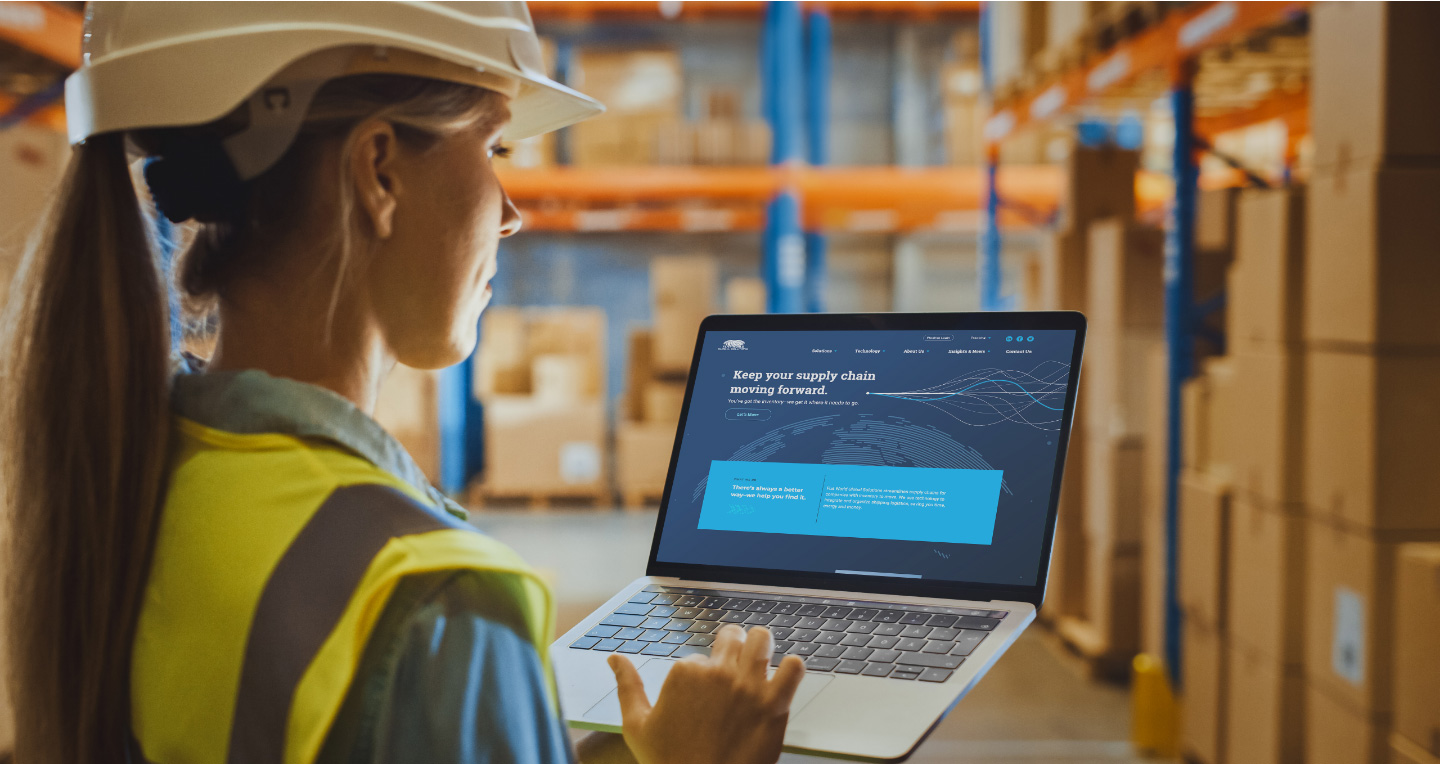 A person in a warehouse looks at the Flat World website