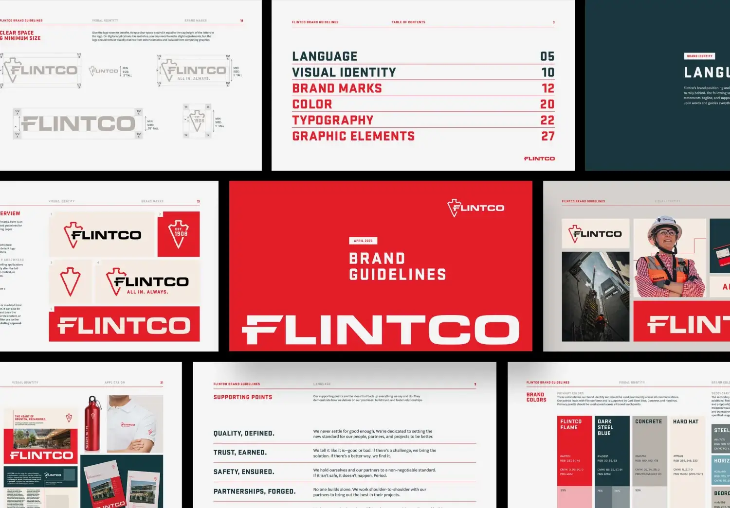 Pages from the Flintco Construction brand guidelines showing logo usage, color and typography rules
