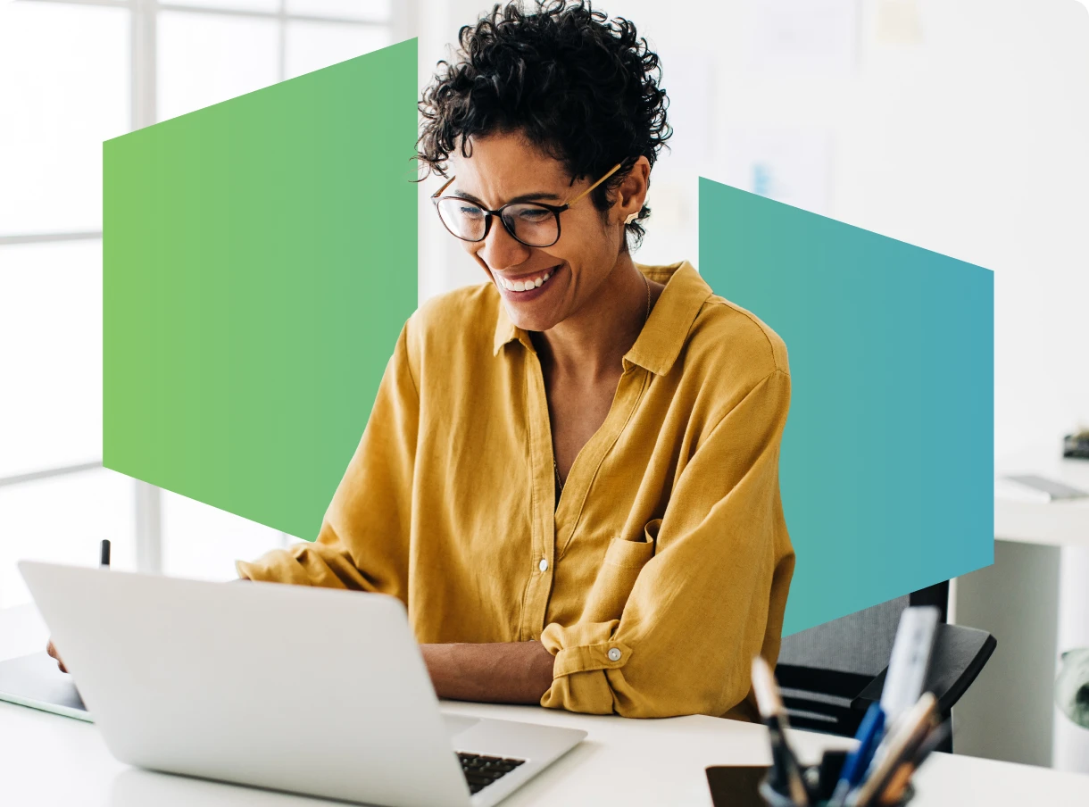 Image of an office worker at desk with Gateway Health Partners branding graphics in background