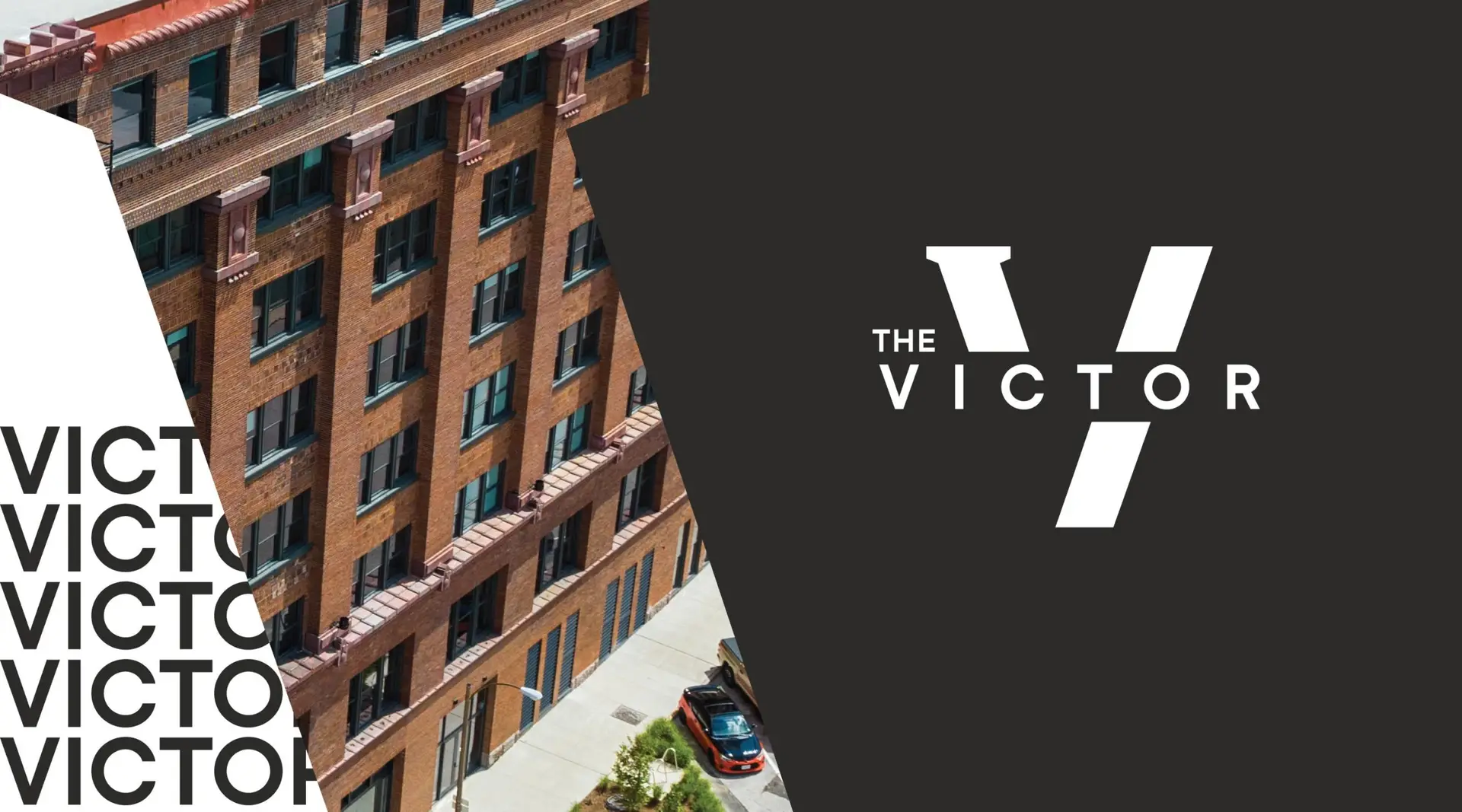The Victor logo shown over an exterior shot of the building